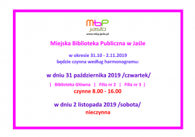 Godziny pracy biblioteki w okresie 31.10 - 2.11.2019