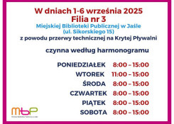 Filii nr 3 w dniach 1-6 września 2025  będzie funkcjonować w zmienionych godzinach